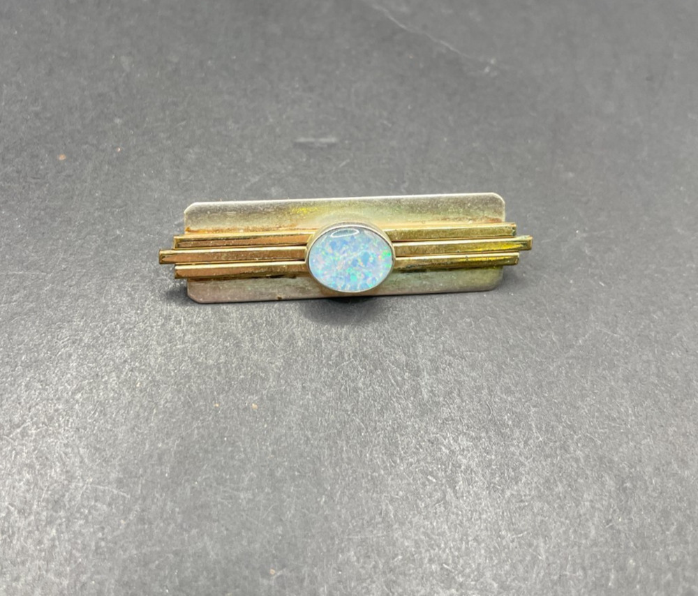 Vintage Art Deco Gold Tone Oval Opal Tie Bar Brooch Pin 0.48in